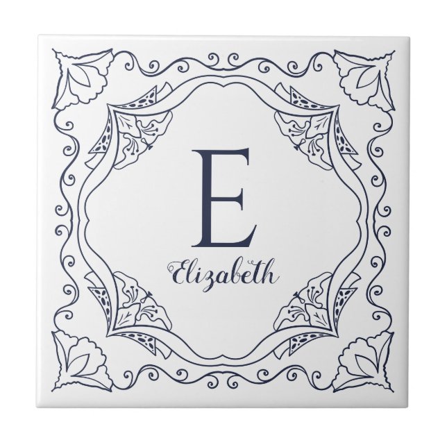 Elegantes White Navy Blue Decorative Name Monogram Fliese (Vorderseite)