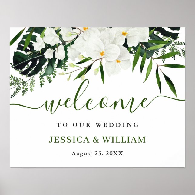 Elegantes White Orchid Bohemisch Wedding Willkomme Poster (Vorne)
