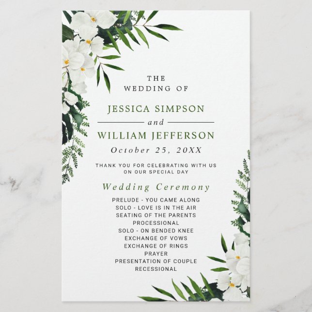 Elegantes White Orchid Boho Hochzeitsprogramm (Vorderseite)