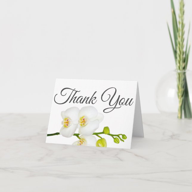 Elegantes White Orchid Gray Script Dankeskarte (Vorderseite)