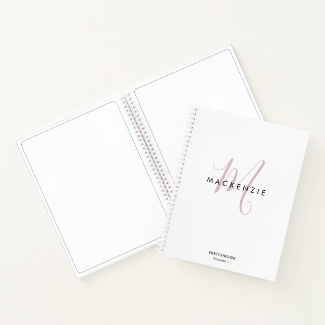 Elegantes White Pink Script Monogram Sketchbook Notizbuch (Innenseite)