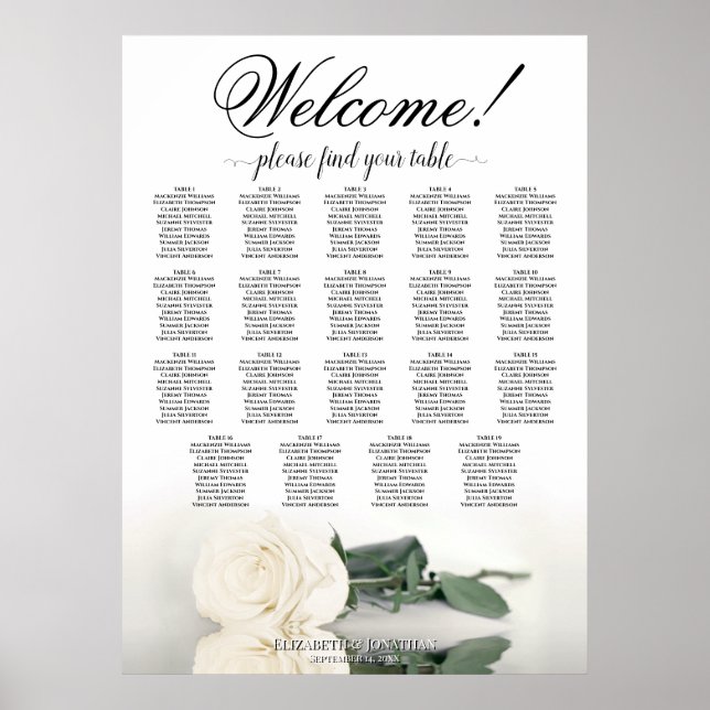 Elegantes White Rose 19 Tabelle Hochzeitstabelle Poster (Vorne)