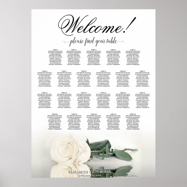 Elegantes White Rose 22 Tabelle Hochzeitstabelle Poster (Vorne)