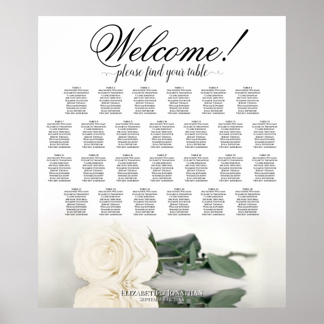 Elegantes White Rose 26 Tabelle Hochzeitstabelle Poster (Vorne)