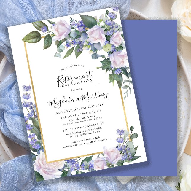 Elegantes White Rose Blue Floral Retirement Party Einladung (Von Creator hochgeladen)