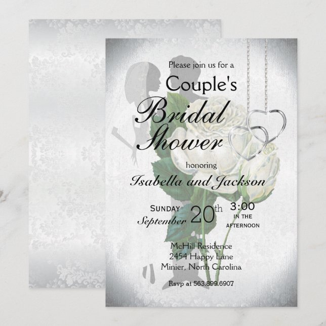 Elegantes White Rose Couple-Brautparty Einladung (Vorne/Hinten)
