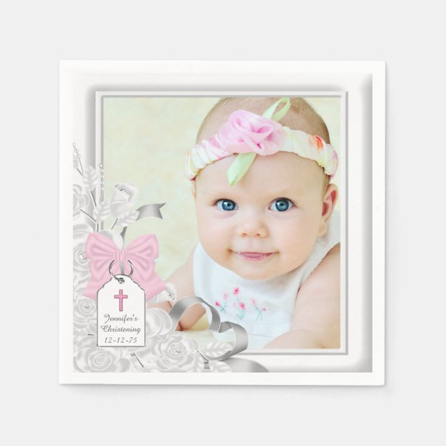 Elegantes White Rose Foto Christening Serviette (Vorderseite)