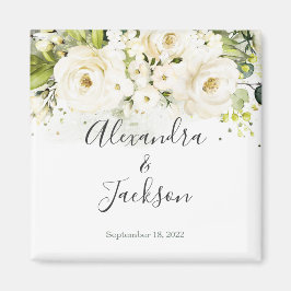 Elegantes White Rose & Gold Cursive Wedding Magnet