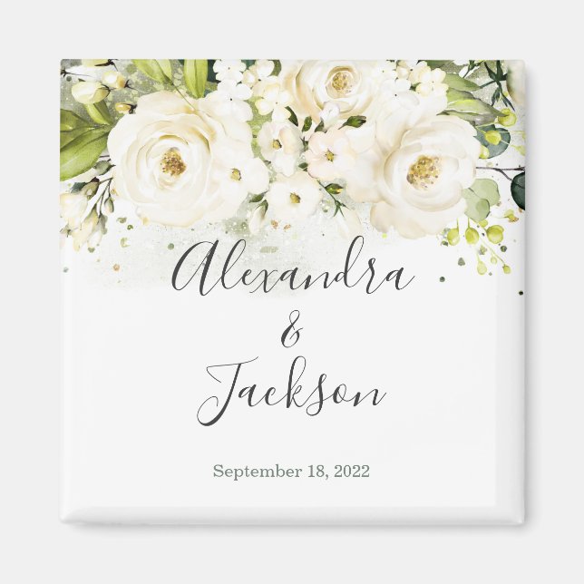 Elegantes White Rose & Gold Cursive Wedding Magnet (Vorne)