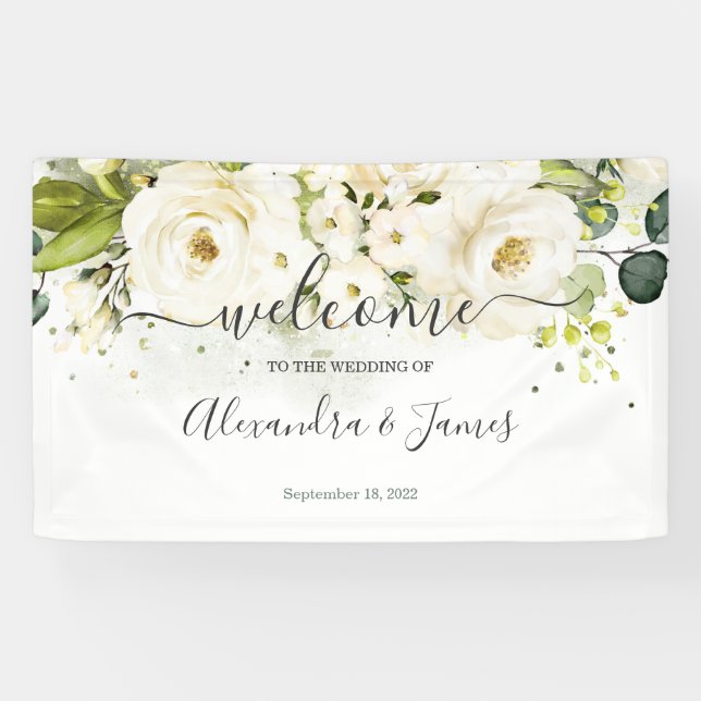 Elegantes White Rose & Gold Floral Wedding Banner (Horizontal)