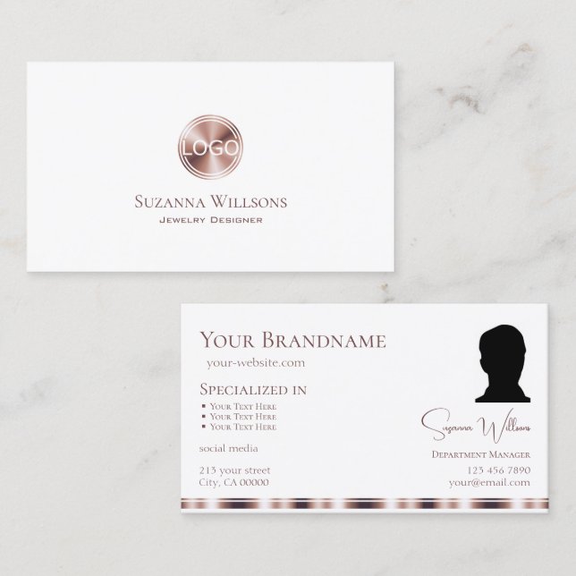 Elegantes White Rose Gold mit Logos und Foto Moder Visitenkarte (Vorne/Hinten)
