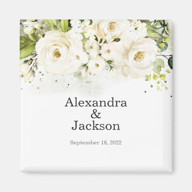 Elegantes White Rose & Gold Modernes Hochzeitsmaga Magnet (Vorne)