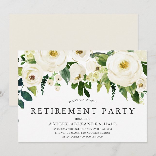 Elegantes White Roses Beautiful Retirement Party Einladung (Vorne/Hinten)