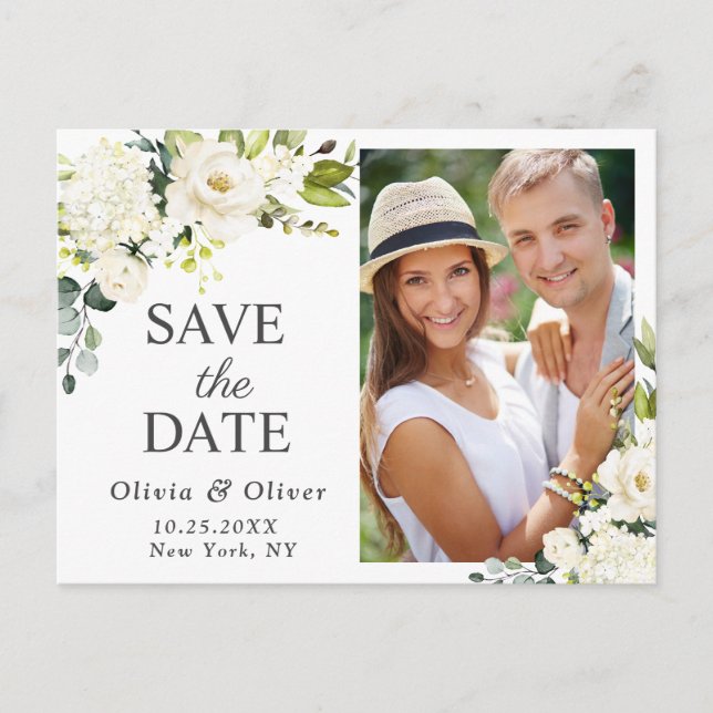 Elegantes White Roses FOTO Hochzeit speichern Sie  Postkarte (Vorderseite)