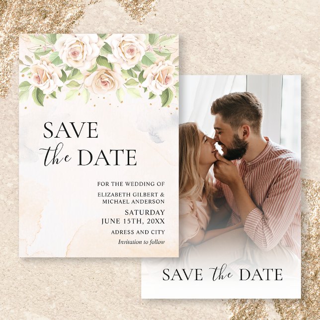 Elegantes White Roses Foto Save the Date Einladung (Von Creator hochgeladen)