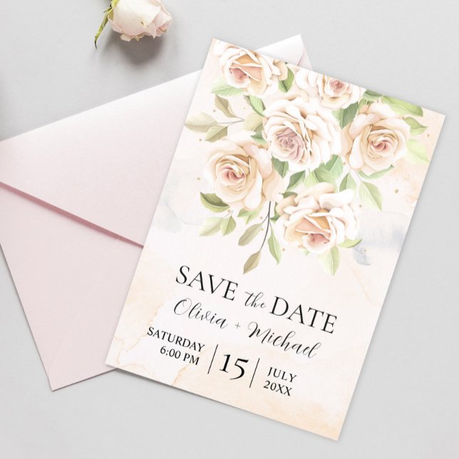 Elegantes White Roses Foto Save the Date Einladung (Von Creator hochgeladen)