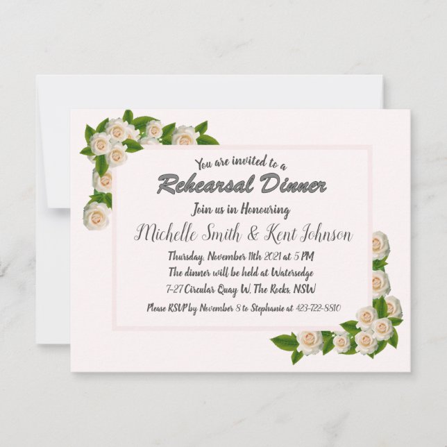 Elegantes White Roses Hochzeit Probe Dinner Einladung (Vorderseite)
