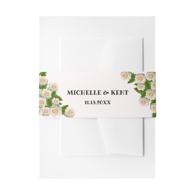 Elegantes White Roses Pink Einladung Bauchband Einladungsbanderole (Vorderseite Beispiel)