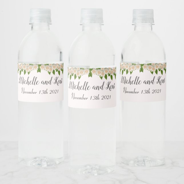 Elegantes White Roses Wedding Water Flasche Label  (Flaschen)