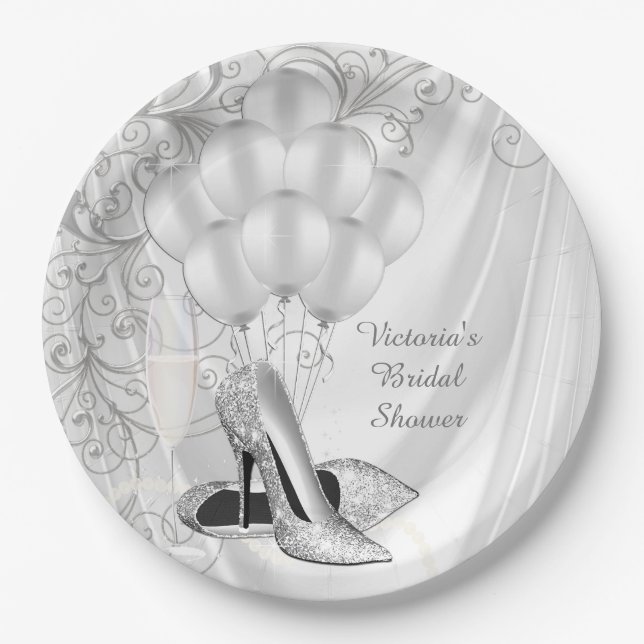 Elegantes White Satin Silver Shoe Brautparty Pappteller (Vorderseite)