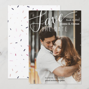 Elegantes White Script Confetti Save the Date Foto