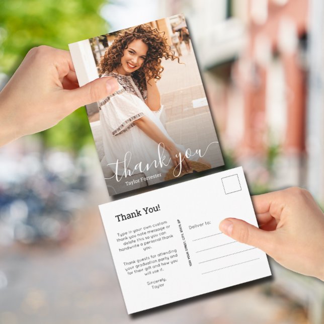 Elegantes White Script Dankeschön Foto Abschluss Postkarte (Von Creator hochgeladen)
