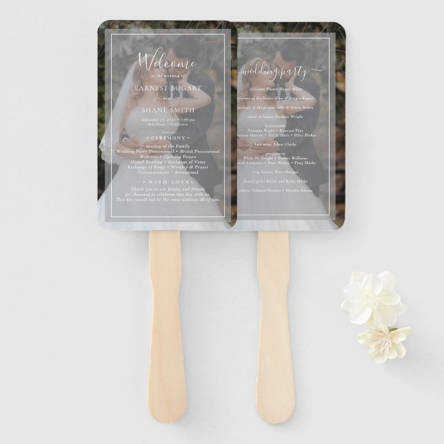 Elegantes White Script Foto Overlay Wedding Progra Fächer (Vorne und Hinten)