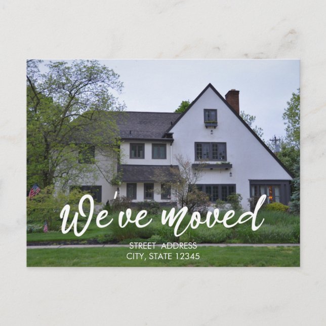 Elegantes White Script New House Erwärmung Foto Ankündigungspostkarte (Vorderseite)