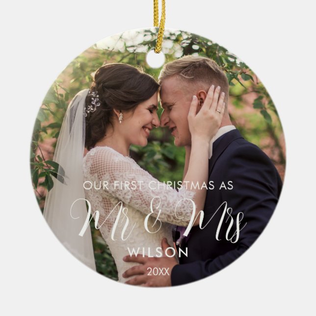 Elegantes White Script Wedding Foto Keramik Ornament (Vorne)