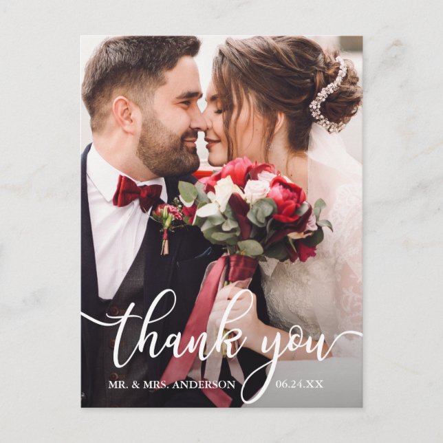 Elegantes White Script Wedding Foto Vielen Dank Postkarte (Vorderseite)