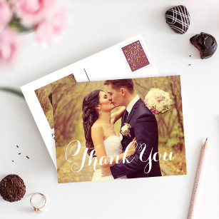 Elegantes White Script Wedding Foto Vielen Dank Postkarte