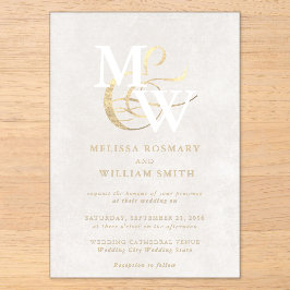 Elegantes White Sea Glass Monogram Gold Wedding Acryleinladungen