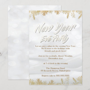 Elegantes White Snow & Gold Silvester Party Einladung