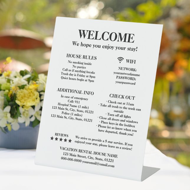 Elegantes White Vacation Rental House Willkommen Sockelschild (Elegant White Vacation Rental House Welcome Pedestal Sign
)