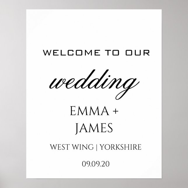 Elegantes White Wedding Welcome Sign Name Poster (Vorne)