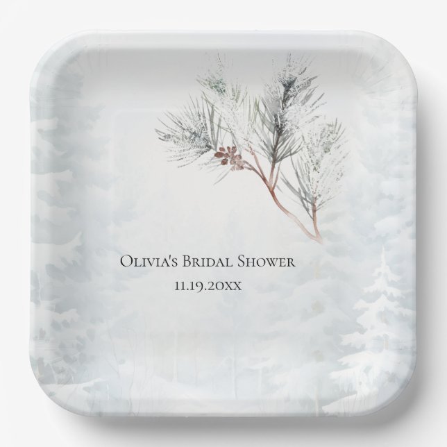 Elegantes White Winter Pine Brautparty Pappteller (Vorderseite)