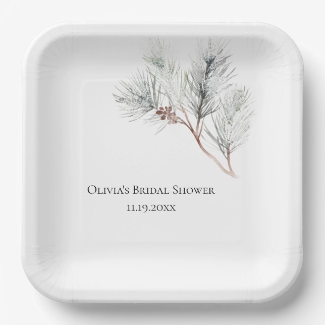 Elegantes White Winter Pine Brautparty Pappteller (Vorderseite)