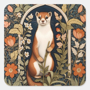 Elegantes Wiesel William Morris Inspiriertes Flora Quadratischer Aufkleber