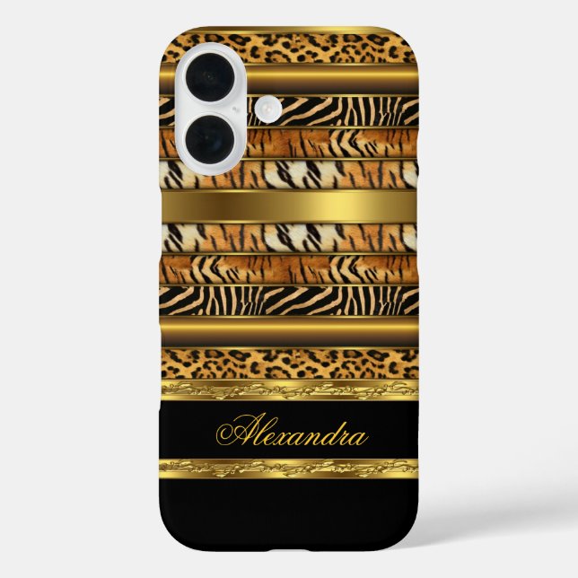 Elegantes Wild Mixed Animal Black and Gold iPhone 16 Hülle (Rückseite)