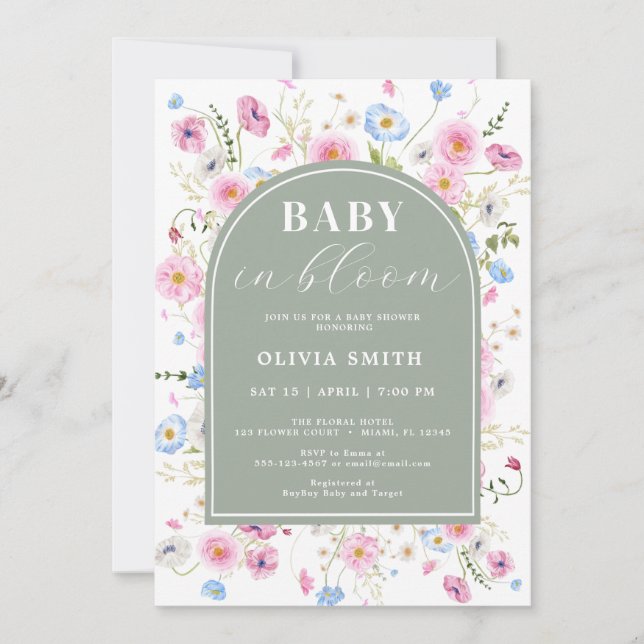 Elegantes Wildblume Baby in Bloom Baby Dusche Einladung (Vorderseite)