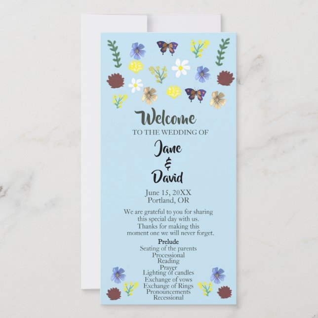 Elegantes Wildblume Boho Blue Wedding Programm (Vorderseite)