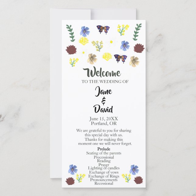 Elegantes Wildblume Boho White Wedding Programm (Vorderseite)