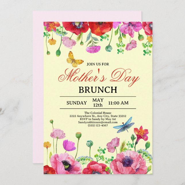 Elegantes Wildblume Gelber Chic Muttertag Brunch Einladung (Vorne/Hinten)