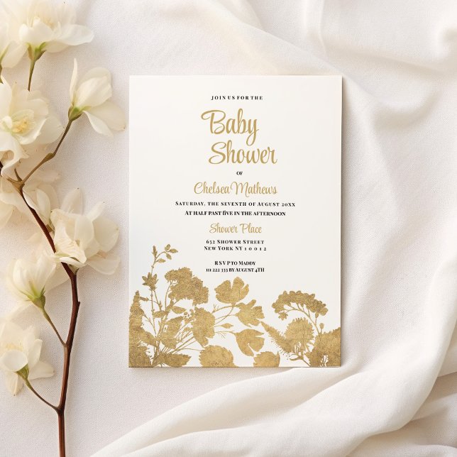 Elegantes Wildblume-Luxus-Baby-Dusche Einladungspostkarte (Elegant white gold wildflower luxury Baby Shower )