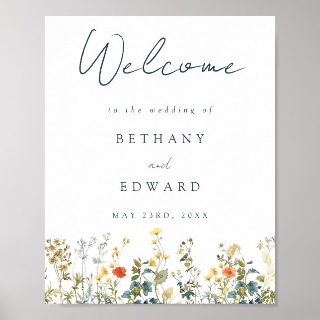 Elegantes Wildblume Wedding Welcome Poster (Vorne)