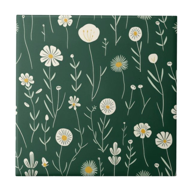 Elegantes Wildblumenmuster auf dunklem Grün  Fliese (Vorderseite)
