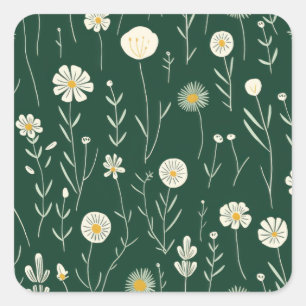 Elegantes Wildblumenmuster auf dunklem Grün Quadratischer Aufkleber