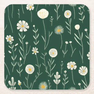 Elegantes Wildblumenmuster auf dunklem Grün  Rechteckiger Pappuntersetzer