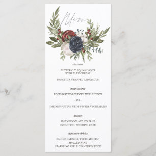 Elegantes Winter-Blumen-Boho-Botanik-Hochzeitsmenü Menükarte