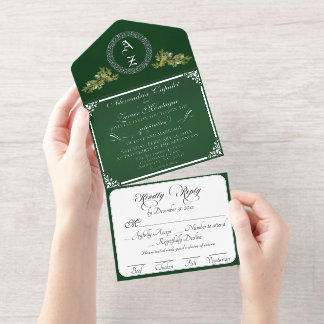 Elegantes Winter-Botanik-Monogramm - Smaragd All-in-One-Einladung